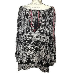 Soft Surroundings‎ Ikat Gauze Bell Sleeve Tunic Top Size Large Boho Sequin